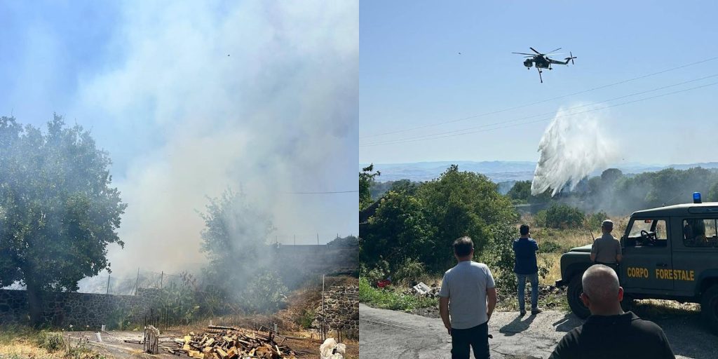 Belpasso, rogo di vaste proporzioni: fiamme nella zona ovest, danneggiata condotta idrica.
